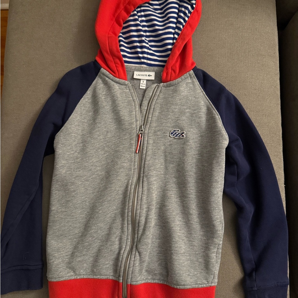 Lacoste Kids Color Block Hoodie in Gray, Red, and Navy